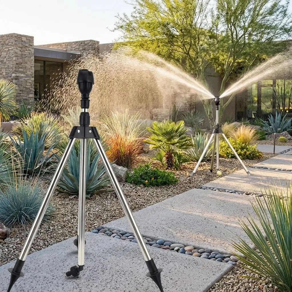 360 Degree Garden Lawn Sprinkler Tool Automatic Rotating Irrigation Stand Water Jet Stainless Steel Tripod Set For Yard
