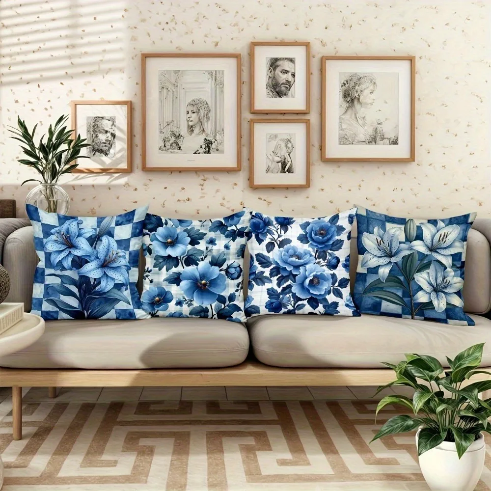 

Элегантная синяя наволочка с цветочным принтом: классический чехол для подушки с узором лилии и цветов для современного дивана, гостиной, домашнего декора