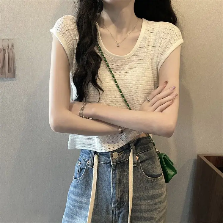 Pull fin en soie glacée pour femmes, col carré, petites manches volantes, Design, Niche, haut court, nouvelle collection 2025