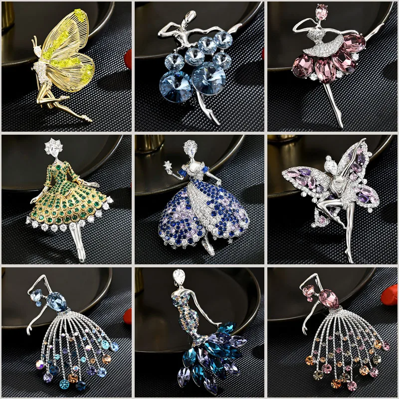 Elegant Diamond-Encrusted Ballet Dancer Brooches Cute Star-Picking Girl Full Zircon Pin Temperament Coat Accessory for Women