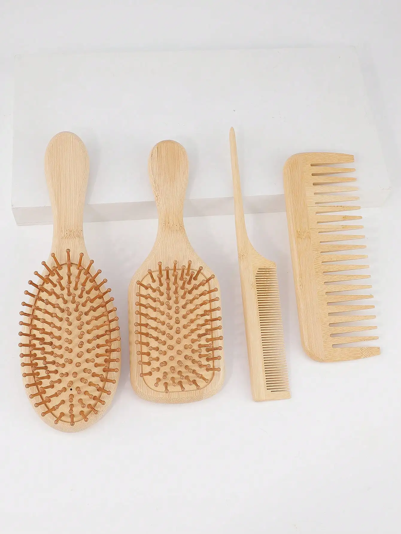 4-Piece Bamboo Hairbrush and Comb Set—Natural Wood & Bamboo Hairbrushes, Promotes Hair Growth, Suitable for All Hair Types