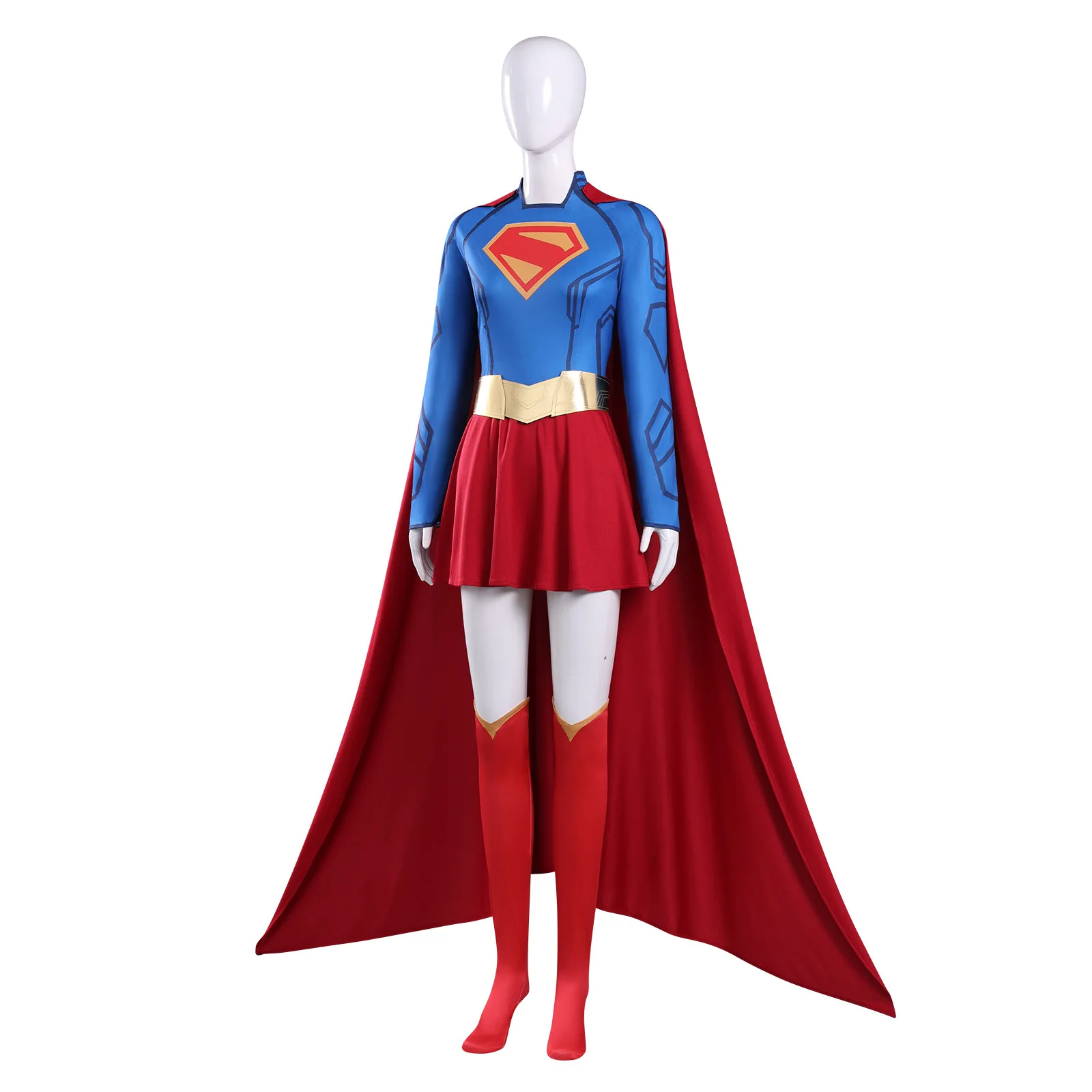 Superwoman Superhero Cosplay Full Set Jumpsuit Skirt Golden Waistband Red Cape Thigh Socks Female Halloween Party Costume view 5