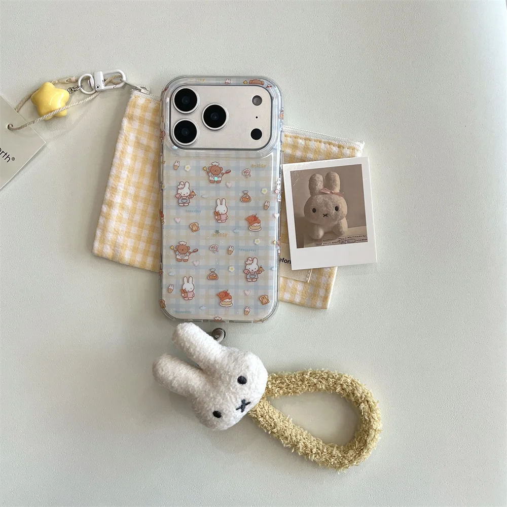 

Korean INS fashion plaid Bear Rabbit phone case for iPhone 13 14 15 16 Pro 17 Pro Max cover cute cartoon cartoon shockproof Case