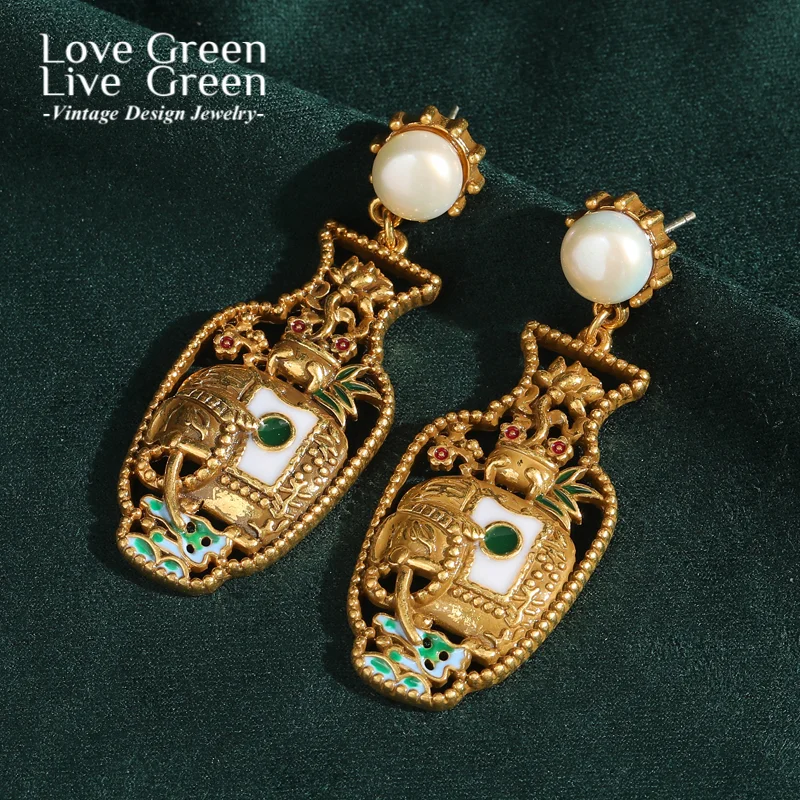 

Vintage Vase Pearl Drop Earring Exquisite Carving Gold Color Unique Quality Luxury Jewelry Designer Gifts Palace Retro New 2025