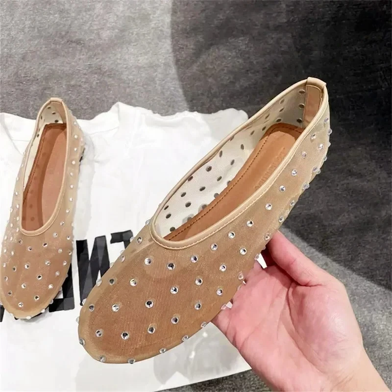 

Luxury Rhinestones Mesh Flat Sandals Women Breathable Round Toe Soft Sole Casual Walking Shoes Designer Women Ballet Flats