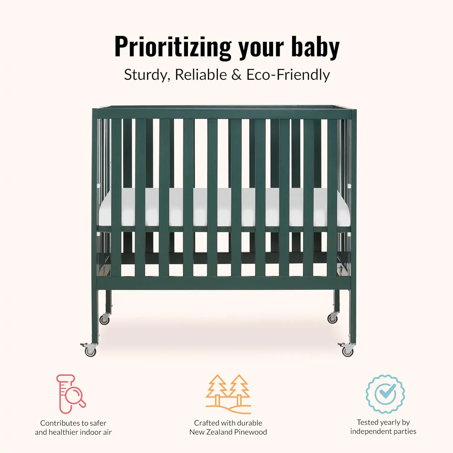 Portable Mini Crib with Flat Folding System, Lightweight for Travel, Adjustable Heights & Safe Wheels