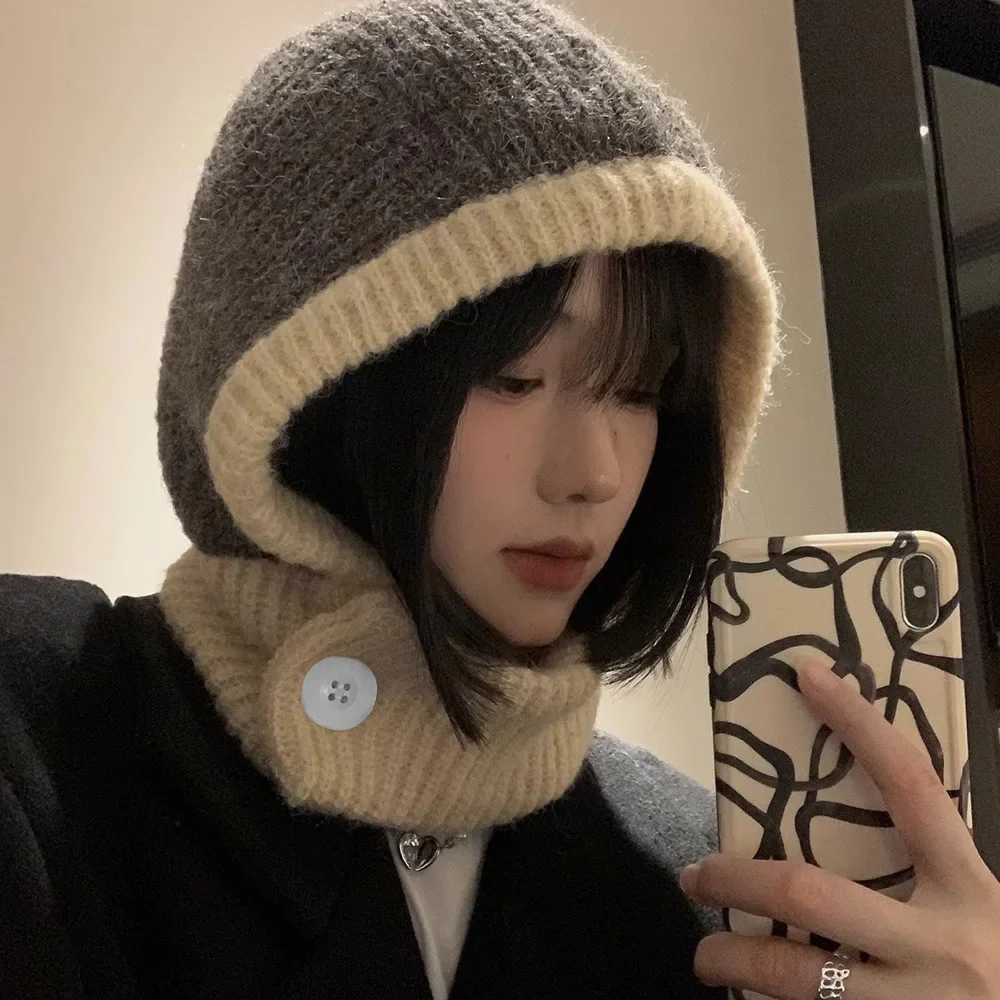 

Japanese Retro Balaclava Hat Women Scarf Winter Hat and Neck Cold Proof Warm Knit Cap Female Fashion Color Matching Women's Hats