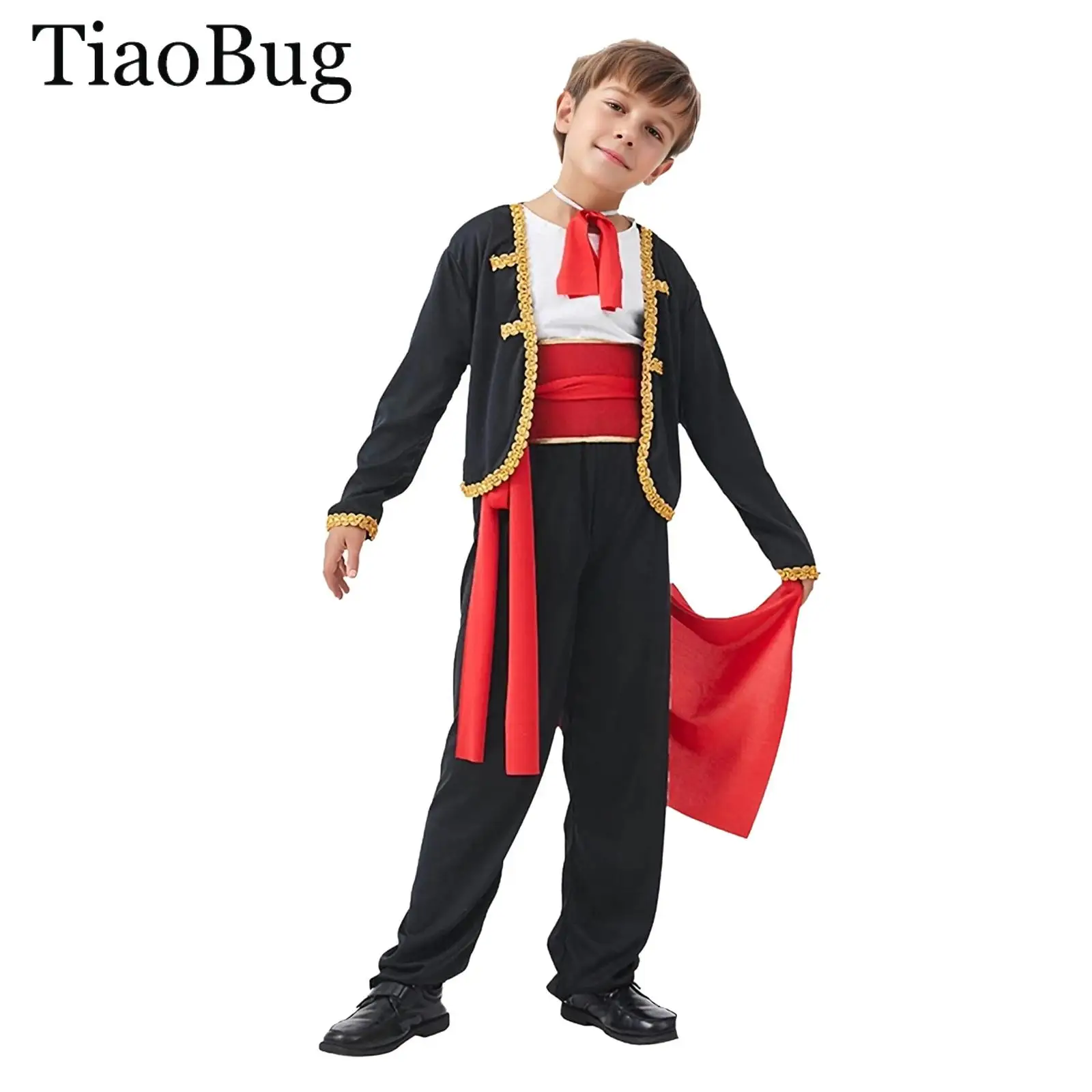 

Boys Spanish Matador Spain Bullfighter Cosplay Costume with Top Neckwear Waistbelt Pants Red Cloth Halloween Masquerade Outfits