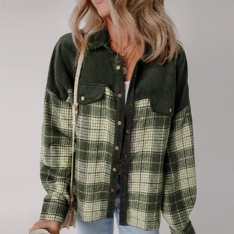 

Plaid Color-Block Corduroy Jacket 2025 Autumn/Winter Long-Sleeve Top for Women