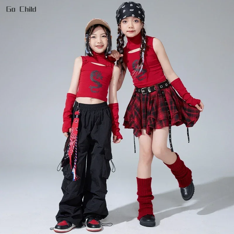 Girls Hip Hop Crop Tank Top Plaid Street Dance Skirt Kids Jazz Cargo Pants Teens Cool Costumes Children Streetwear Clothes Sets