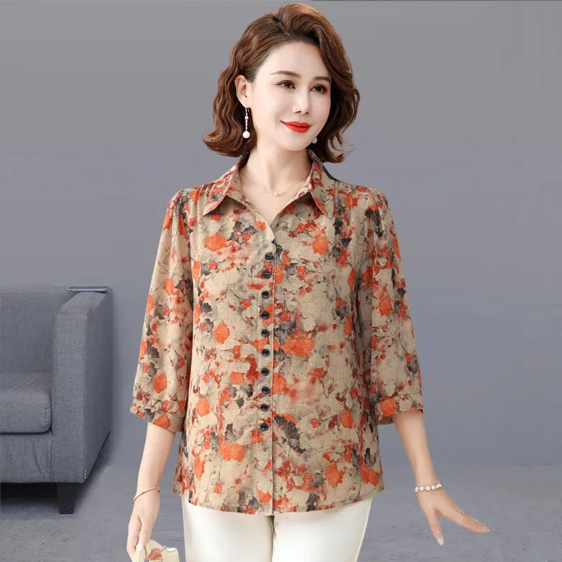 Women Spring Summer Blouses Shirts  Fashion Lady Casual Half Sleeve  Turn-down Collar Button Retro Floral Printing Mother Tops