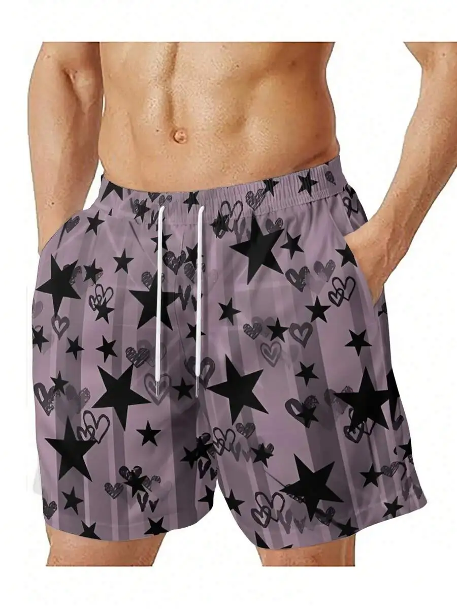 

Mens Purple Star Heart Stripe Print Beach Shorts Casual Summer Vacation