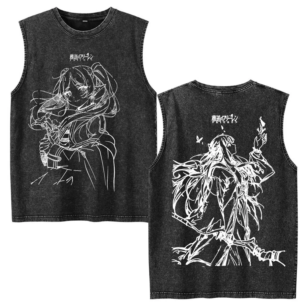 Anime Frieren Beyond Journey's End Vintage Washed Vest T-shirt Men's Women Clothing Casual Cotton Sleeveless Tank Tops Oversized