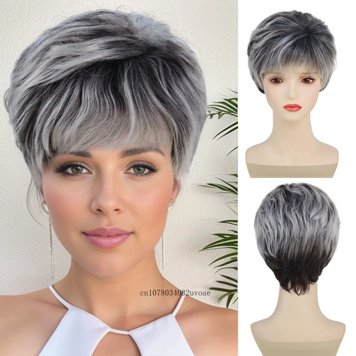 Synthetic Short Wigs for Women Black Mix Grey Wig with Bangs Curly Hairstyle Natural Pixie Cut Wig Cosplay Heat Resistant Female