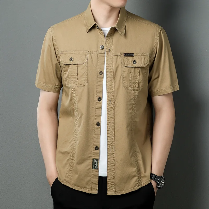 Men'sNew Summer Thin Short Sleeve Shirt Jacket Men's Solid Color Casual Cotton Outdoor Working Shirt Top