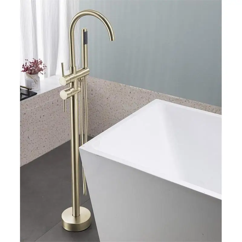 

Freestanding Bathtub Faucet, Brushed Gold Tub Filler with Handheld Shower Mixer, High Flow Shower with Swivel Spout, Modern