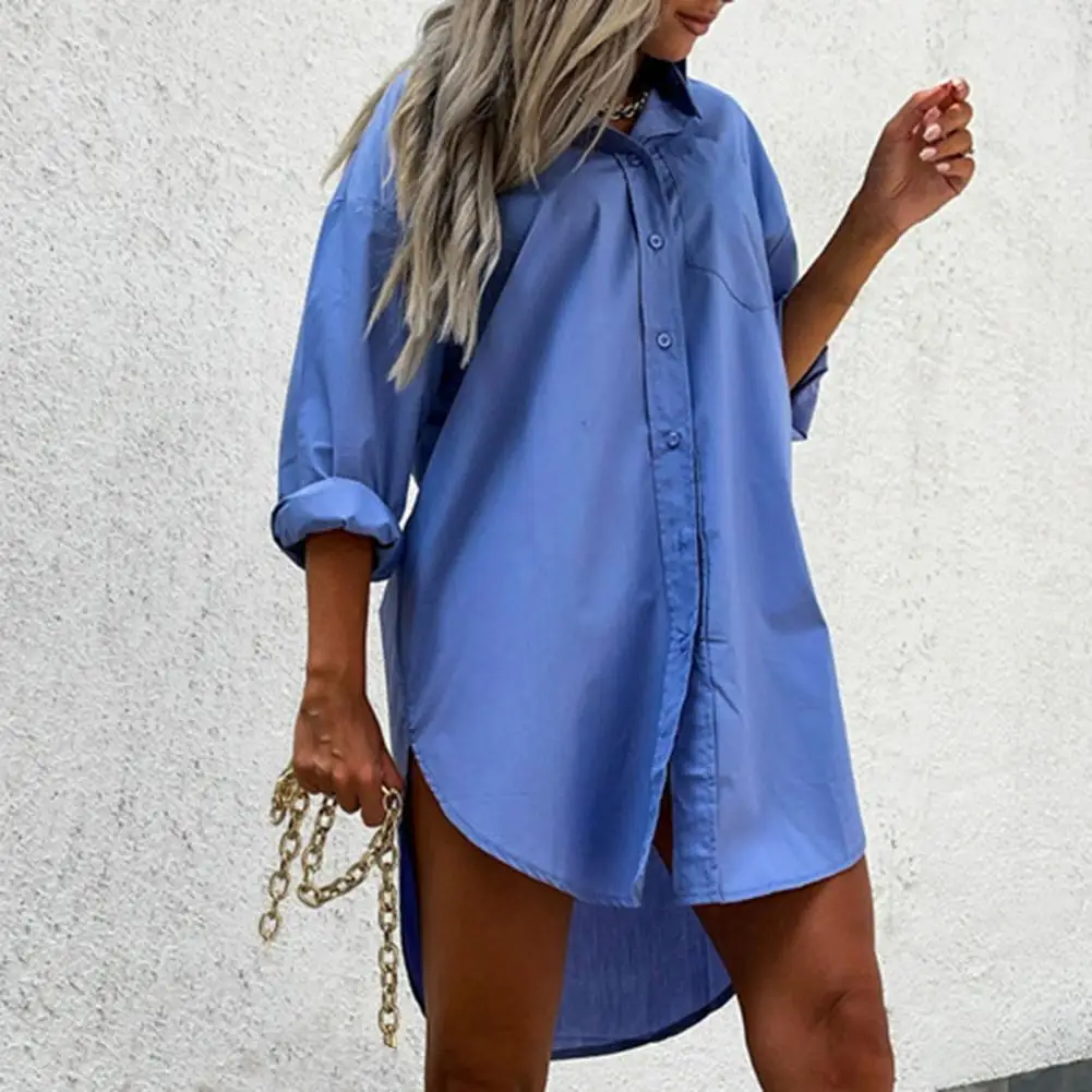 

Women Shirt Oversized Blouse Lapel Long Sleeves Single-breasted Placket Mid-Length Women Shirt Loose Long Shirt Women's Clothing