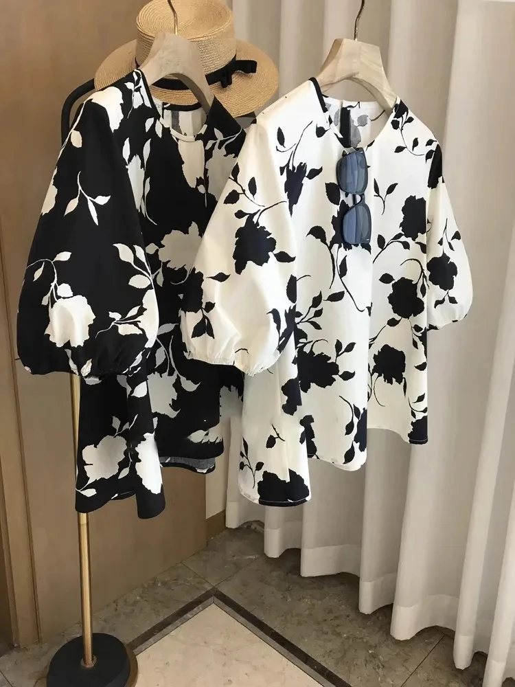 

plus Size Women's Floral Print Shirt Loose Fit Summer Sleeveless Top French Style Casual Wear round Neck Thin Material Tunic