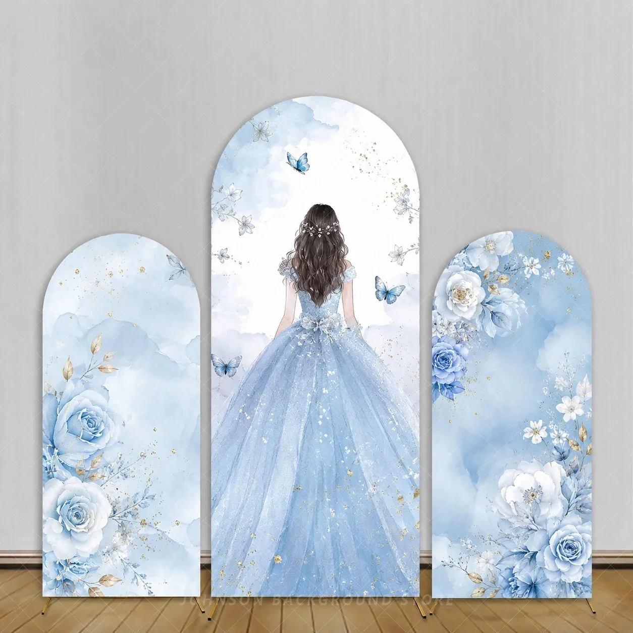 Blue Quinceanera Arch Backdrop Dusty Blue Princess Dress Sweet 15 Birthday Party Decorations background