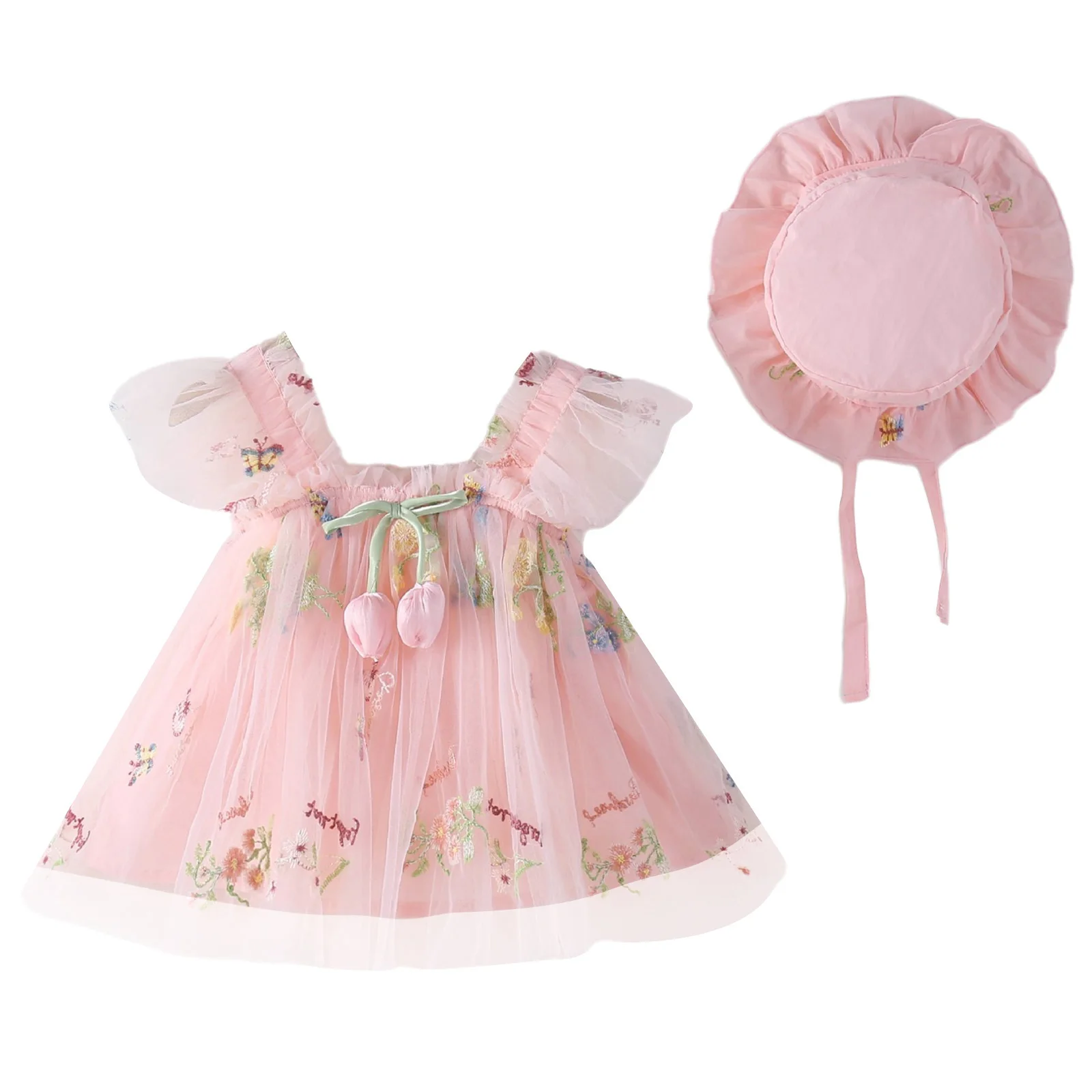 Toddler Girls Sleeveless Cute Flowers Tulle Boho Style Princess Tutu Dress with Hat Summer Beach Holiday Birthday Party Costume