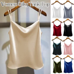 Ladies Silk Vest Camisole Casual V Neck Sexy Pure Colour Satin Women's Chiffon Sleeveless Camisole Vest Backless Camisole Top
