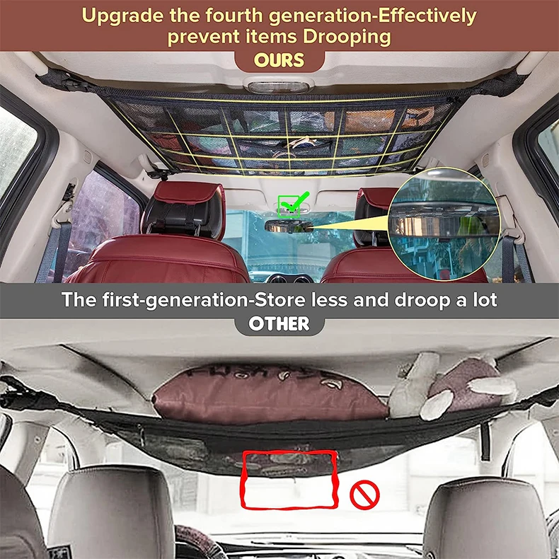 Car Ceiling Cargo Net Pocket Strengthen Load-Bearing Droop Less Double-Layer Mesh Car Roof Storage Organizer Camping Accessories