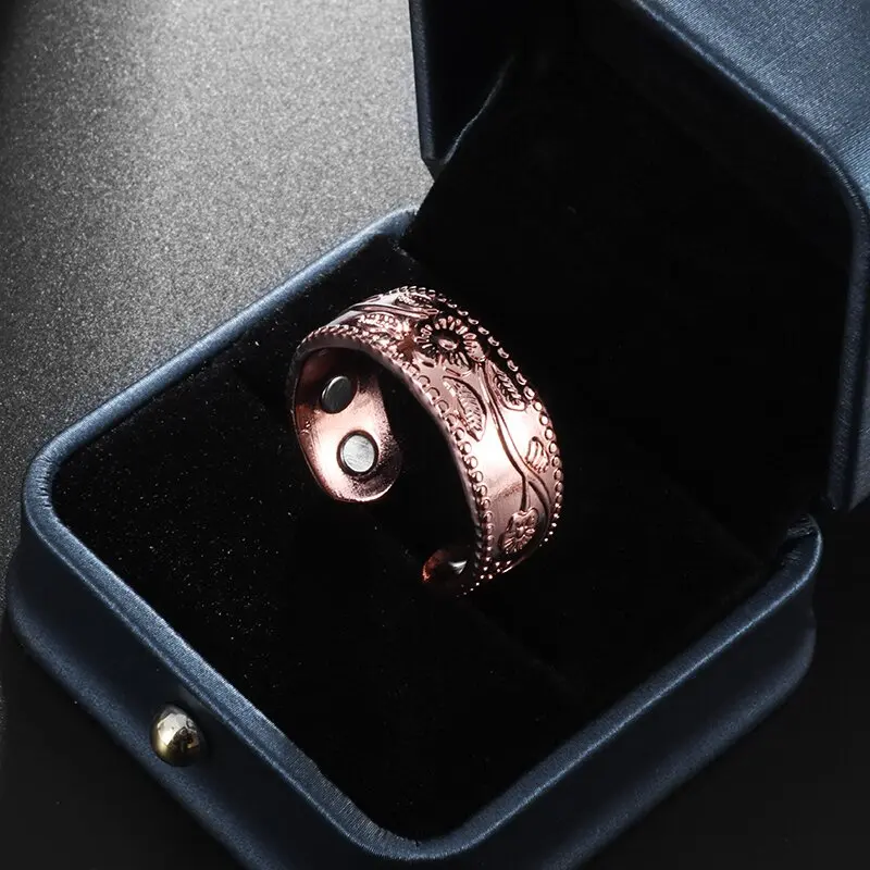 Flower Shape Magnetic Ring Copper Adjustable Open Cuff Ring Men and Women Magnet Healthy Energy Ring for Arthritis Pain Relief