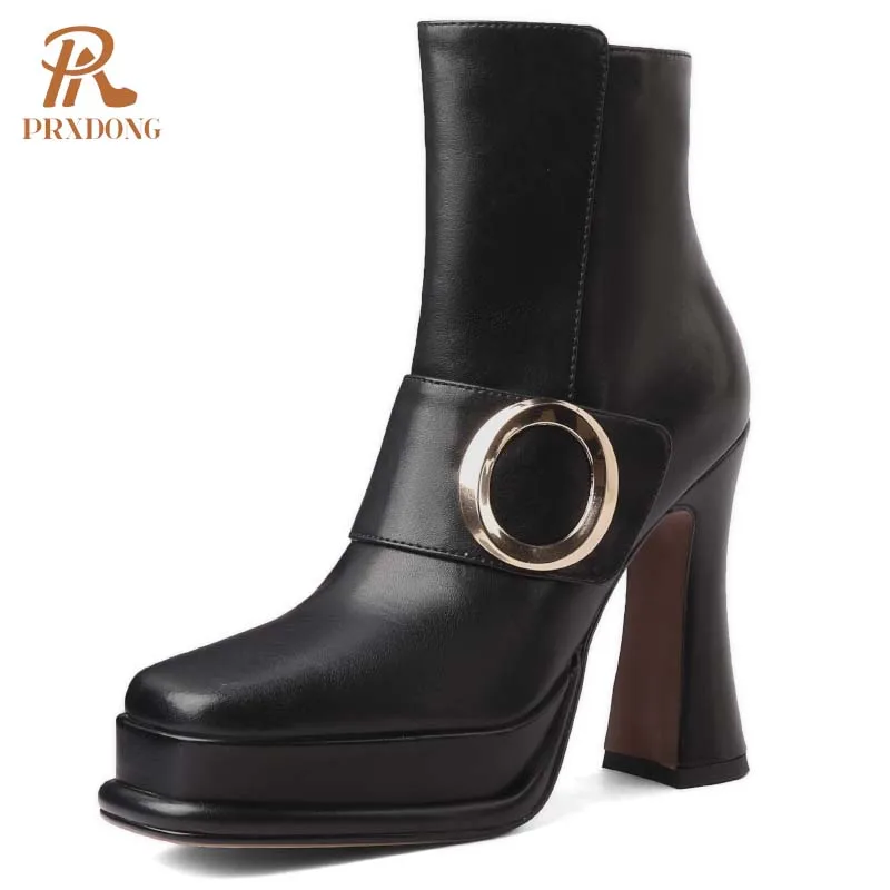 PRXDONG Genuine Leather Women Ankle Boots New Fashion Autumn Winter Warm Shoes High Heels Platform Black Brown Dress Party Lady