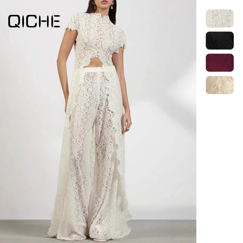 QICHE Women Euro‑American Solid Lace Dress Crew‑Neck Hollow‑Out Kimono‑Sleeve Front‑Opening Elegant Casual Midi Outfit
