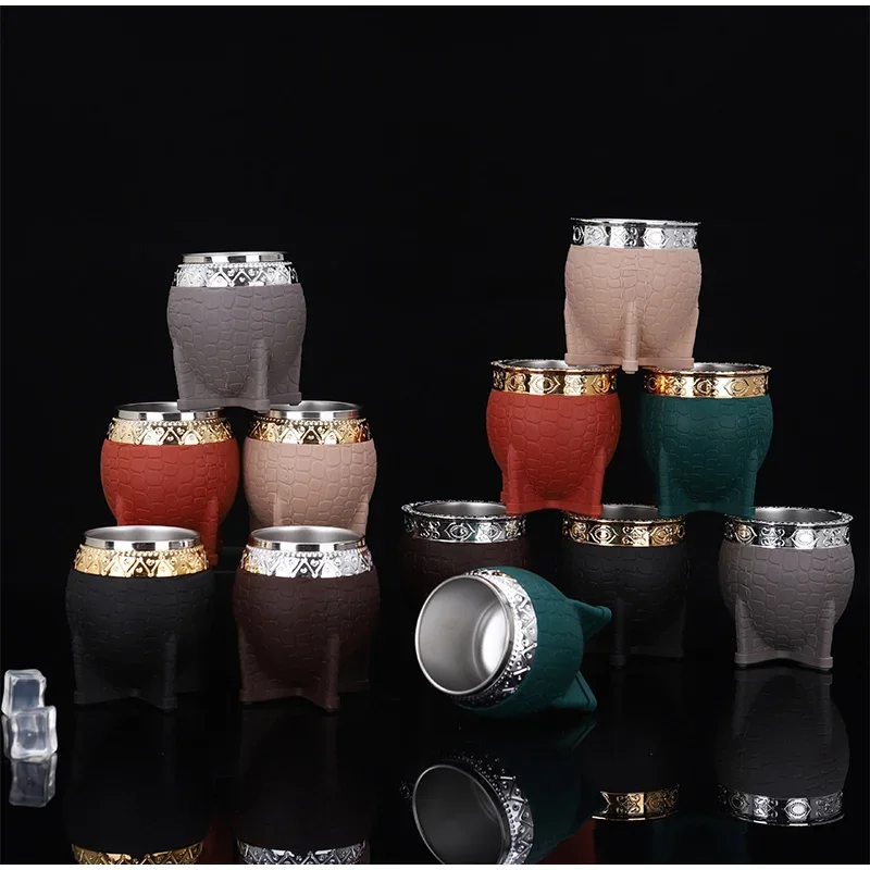 

Stainless Steel Double Walled Paraguay Tea Cup Flat Bottomed Glass Coffee Cup With Straw Turtle Shell Texture