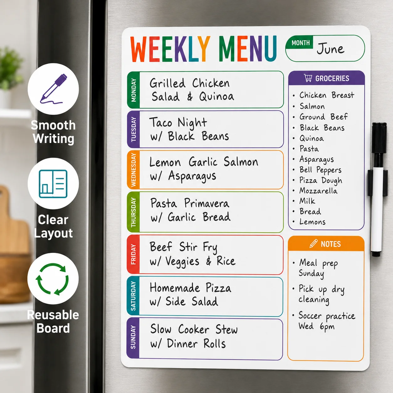 1pc Weekly Menu Fridge Whiteboard Sticker With 1 Erasable Marker, Dry Erase Meal Planner For Kitchen Grocery List Notes view 2