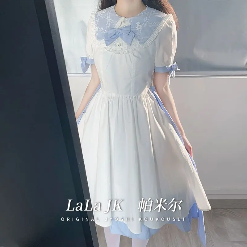 

Japan Long Fashion Sweet Design Blue Dresses Bow Sweet Slimming Princess Dress For Women's Clothes