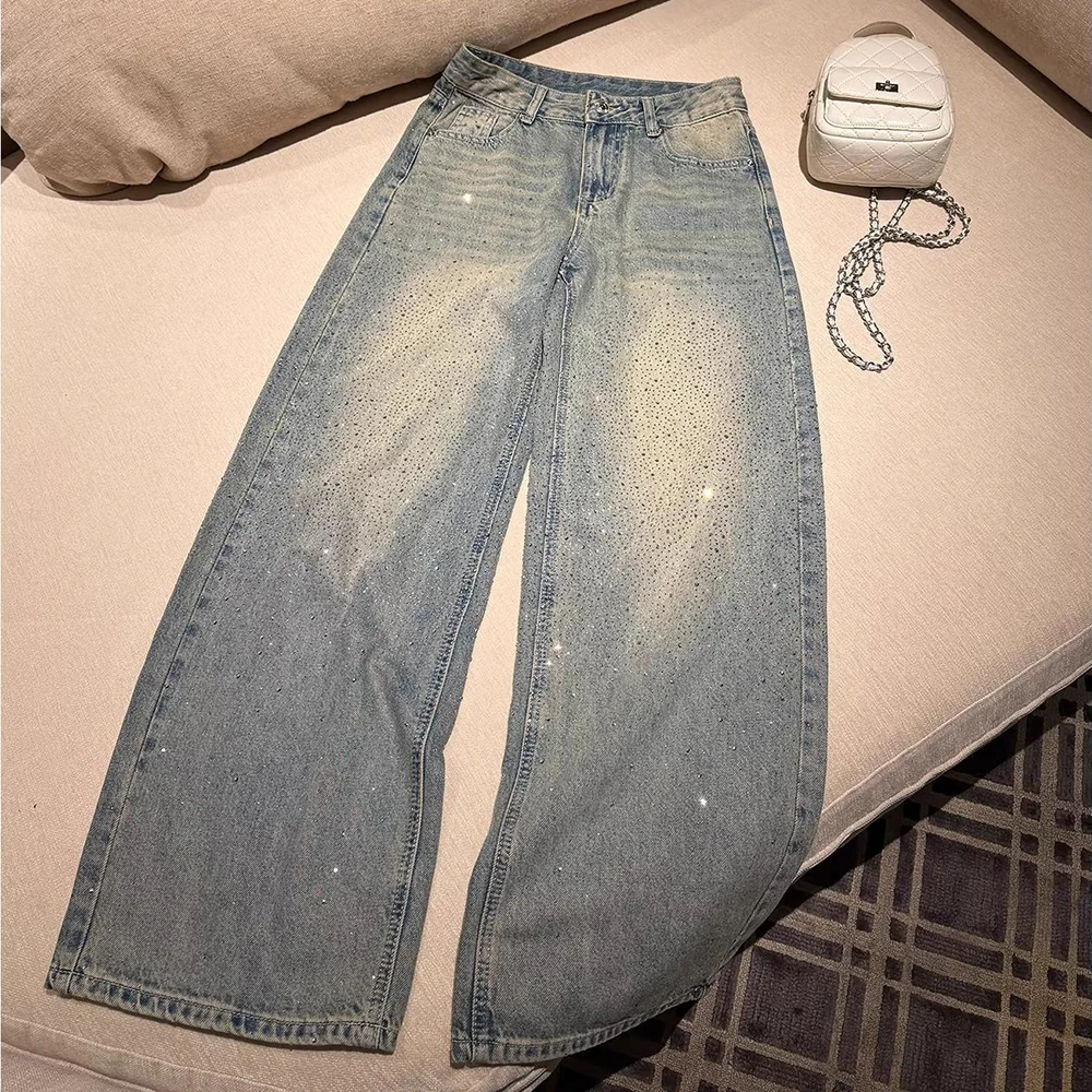 Women Rhinestone Wide Leg Jeans 2026 New American Style High Waist Straight Loose Denim Pants Sparkling Diamond Blue Jeans
