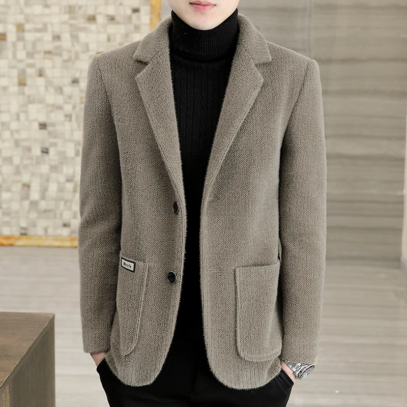 New Men\'s Suit Woolen Winter Thickeneded Outwear Good Quality Stripesd Casual Fashion Handsome Youth Black Suit Beige Outwear Top Middle-Aged Suit