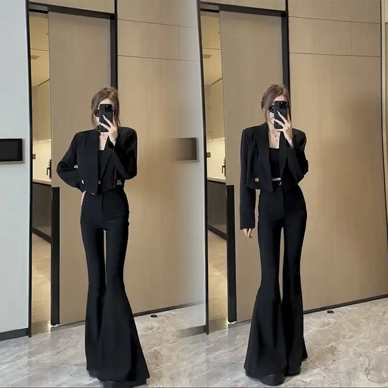 Women's Spring Summer Retro Casual Cropped Blazer Bell Pant Set Commuter Solid Color Single-breasted Suit Trousers Two-piece Set