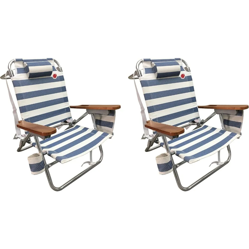 

Multi-Position Wood Arm Beach Chair (2-pk) | Headrest, Media Organizer Pocket, Cup Holder, textilene Fabric, Du