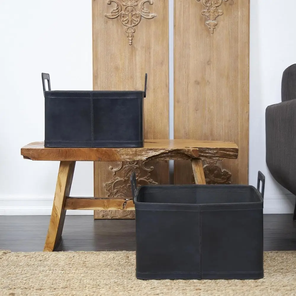 Set of 2 Dark Blue Leather Storage Baskets with Handles, 19 x 17