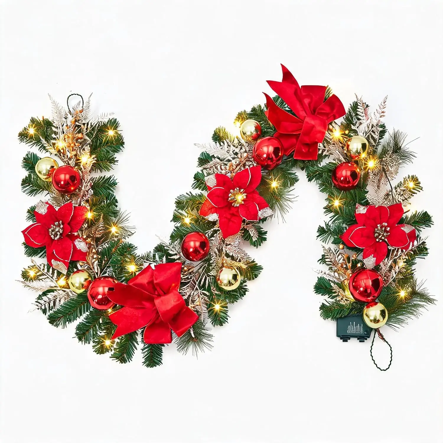 Garvee 6ft Pre-Lit Christmas Garland  Christmas Tree Wreaths Home Party Decoration Outdoor Yard Pine Rattan Hanging Ornaments Fireplace Stair Decor 20 LED Lights 8 Modes Red Gold - view 8