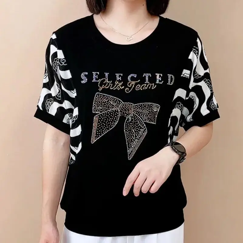 Fashion O-Neck Striped Spliced Diamonds T-Shirts Women's Clothing 2025 Summer New Loose Commuter Tops Batwing Sleeve Tee Shirt