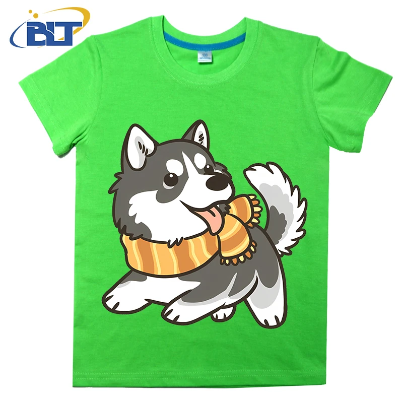 Siberian Husky printed kids T-shirt, summer cotton short-sleeved casual top, suitable for boys and girls