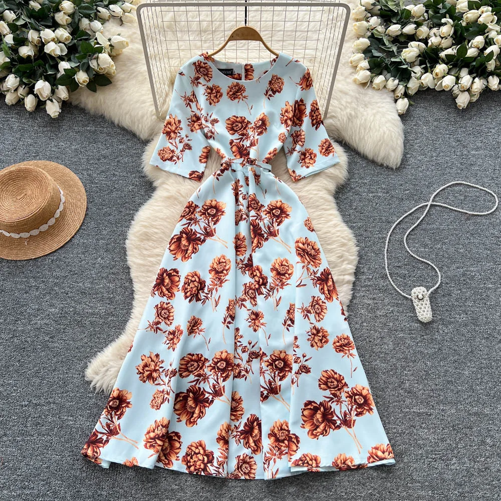 

Women Casual Dress Vestidos Print Dresses Lace Up Round Neck Short Sleeve Ankle Length Y2k Cinched Empire Waist 2025 Summer