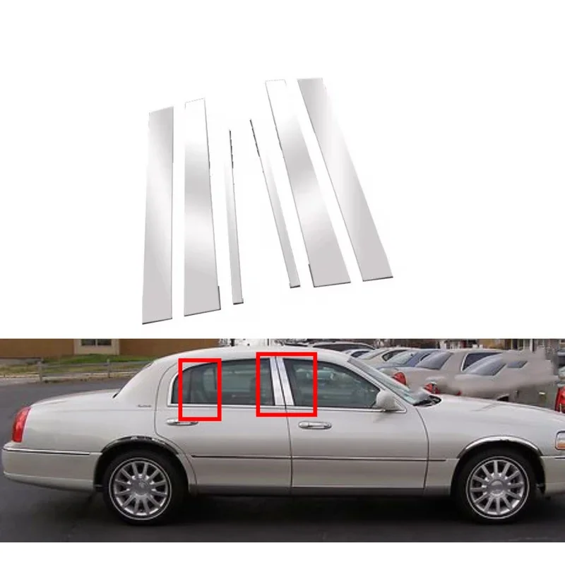 6PCS Pillar Posts Chrome Plated Silvery Fit For Lincoln Town Car 1998-2011 Door Trim Window Cover Sticker Decal