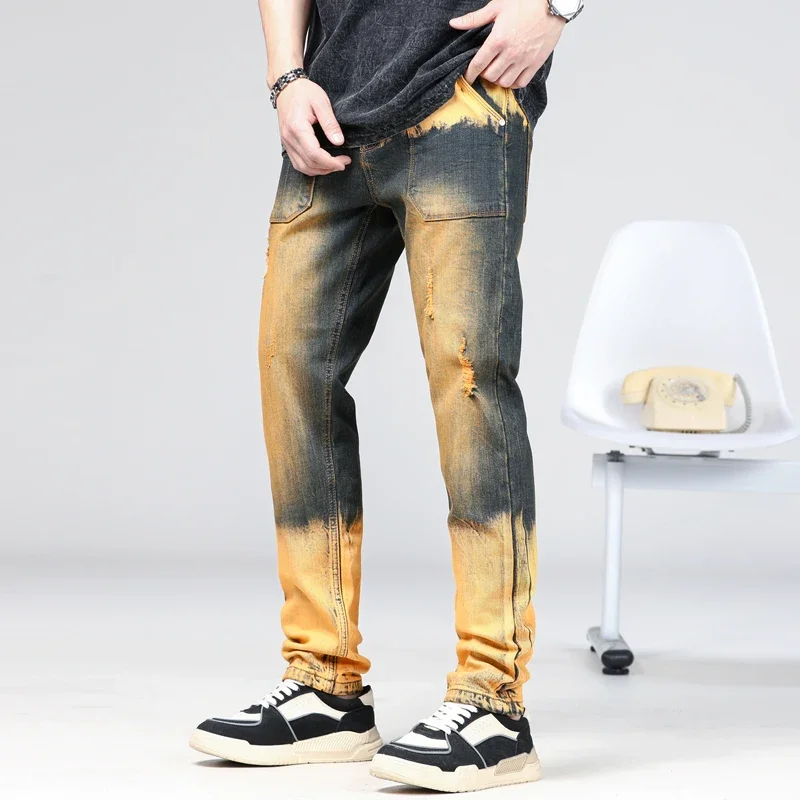 Washed Worn Jeans Men's Personalized Design Ripped Elastic Straight Slim-Fit Trendy Retro Yellow Mud-Color Trousers