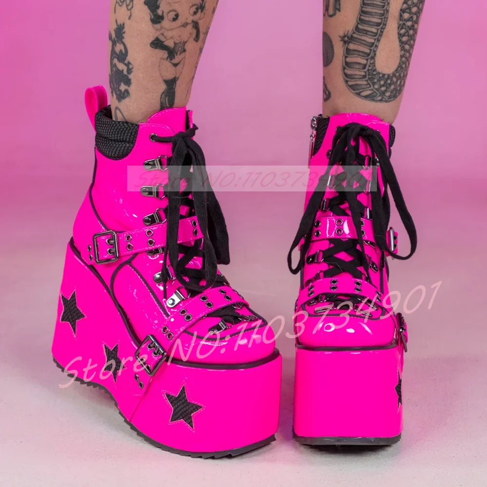 Hot Pink Wedge Platform Booties Women Goth Buckle Strap Star Decals Lace Up Round Toe Ankle Boots Punk Party Festival Shoes