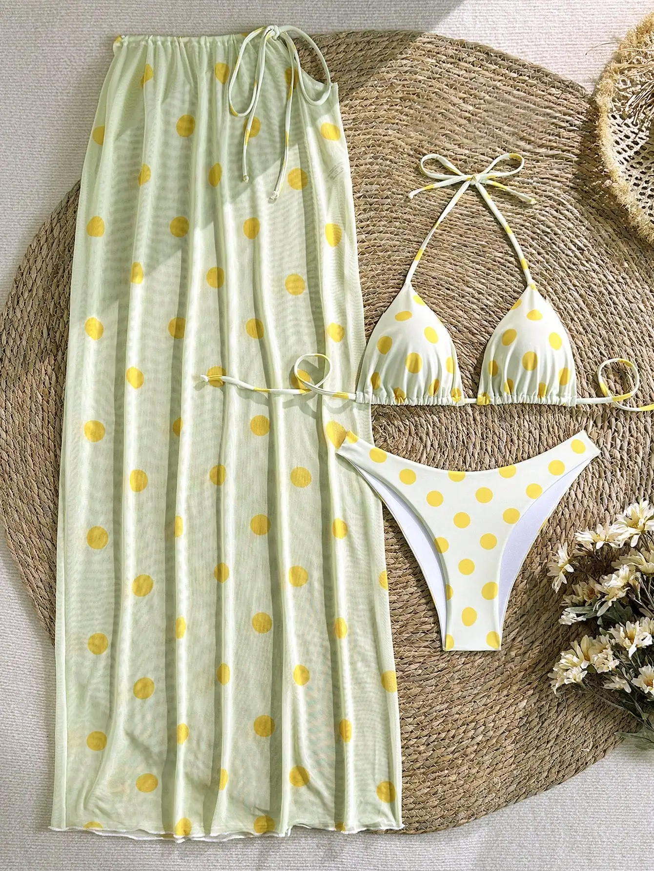 

Womens Polka Dot Halter Tie Bikini Set With Cover Up Skirt