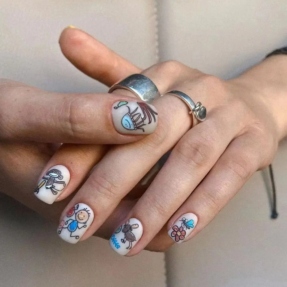 Uñas postizas redondas cortas para Ballet francés, 24 piezas, tiras de flores y mariposas, estrellas, cobertura completa