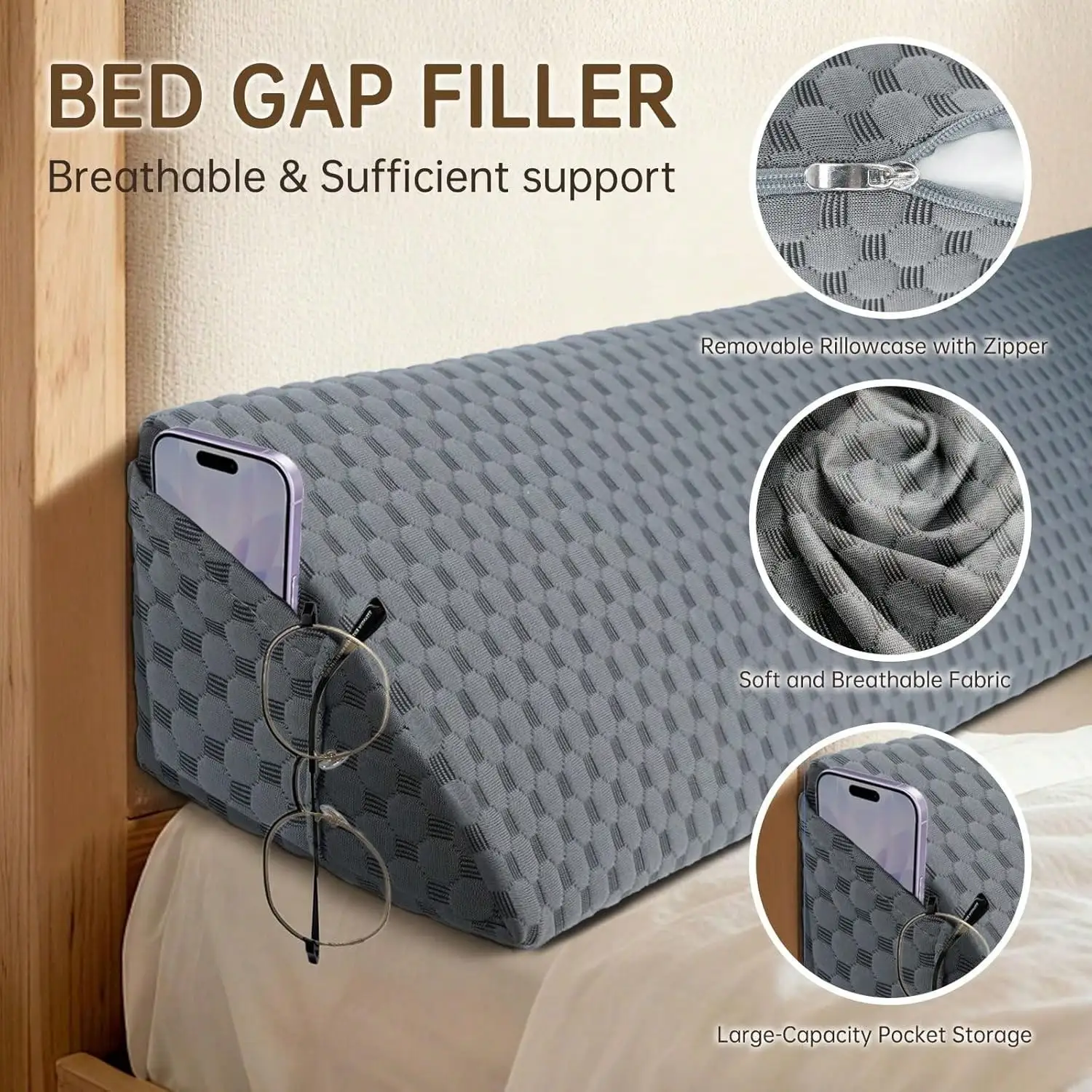 Bed Wedge Pillow For Headboard Mattress Gap Filler (0-6') For College Dorm Sleeping, Wedge Pillow For Mattresses, Filler For Beds, Closer For Headboards, Sleeping Against Headboards Or Walls, Featuring A Removable Cover