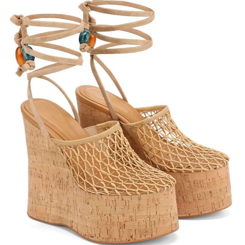 

Women Round Toe Mesh Surface High Heels Sandals for Woman's Round Toe Ankle Lace-Up Platform Botas Mujer 2025 Summer Sandals