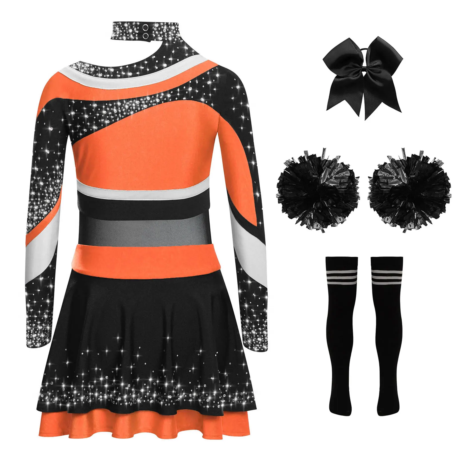 Kids Cheer Dance Suits Girls Cheerleading Outfits Long Sleeve Letter Print Shiny Rhinestones Color Block Cheerleader Costumes