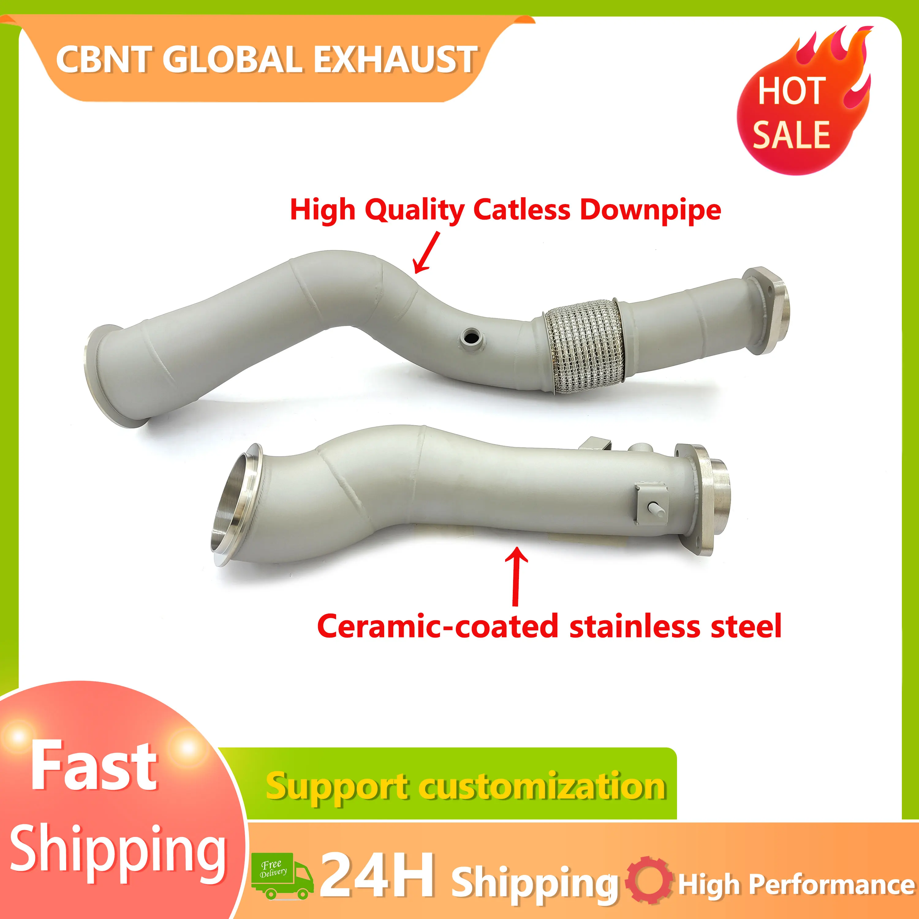 CBNT Ceramic Coated SS304 Downpipe for BMW M3 G80 M4 G82 M2 G87 S58 3.0T Free Flow Downpipes with Heat Shield Exhaust Pipe
